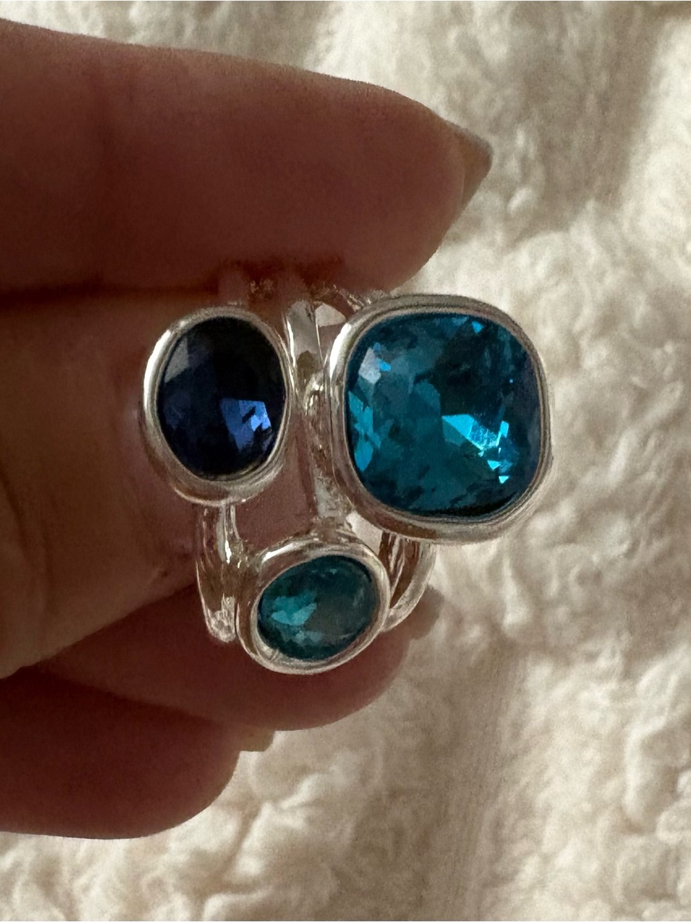 Triple Blue Crystal Sterling Ring - Women's Silver Statement Jewelry made Italy - Picture 3 of 4